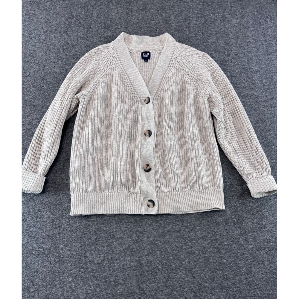GAP Womens Oatmeal Beige 100% Cotton Chunky Ribbed Knit Cardigan Sweater Large